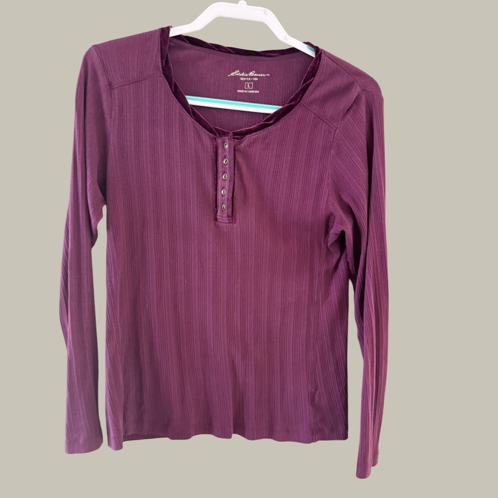Eddie Bauer Y2k Whimsigoth Purple Ribbed Cotton Henley Long Sl Top Velvet Trim L
